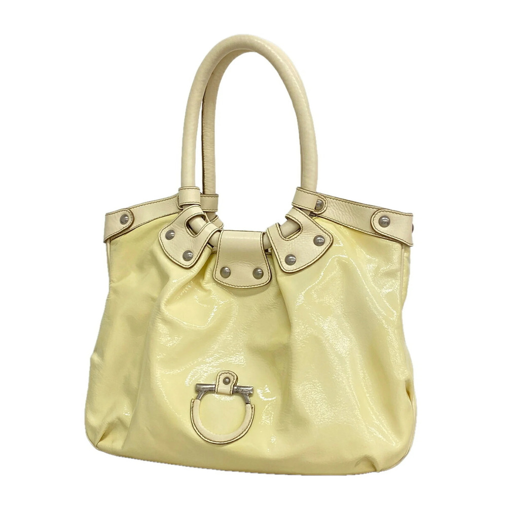 Salvatore Ferragamo Gancini Leather Enamel Yellow Beige Handbag for Women